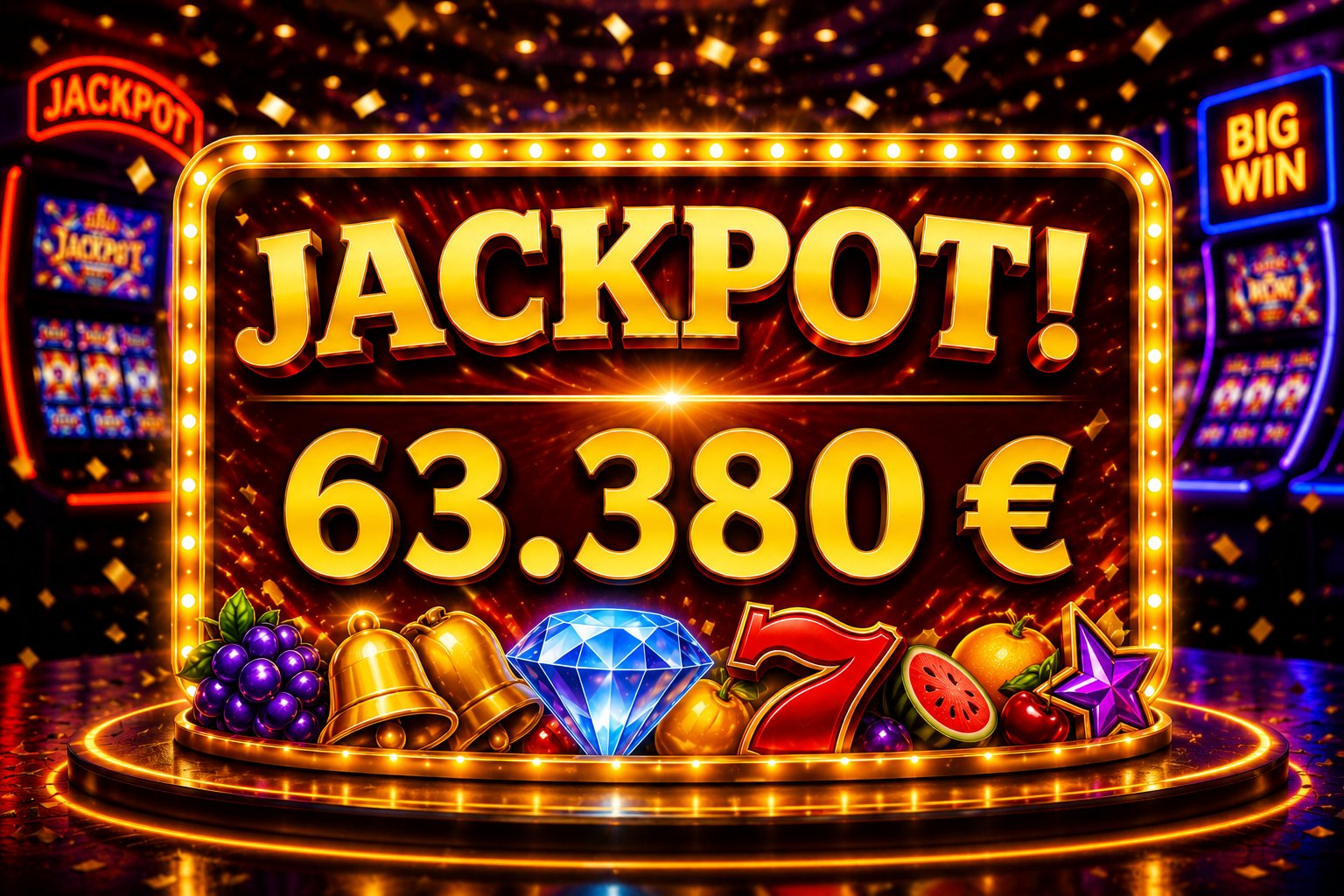 Goldene Leuchtreklame mit der Aufschrift JACKPOT! 63.380 € und Spielautomaten-Symbolen wie Glocken, Diamant und der Zahl Sieben auf goldenem Konfettihintergrund zur Feier des Gewinns am 30.08.2026 im Casino Bremerhaven.